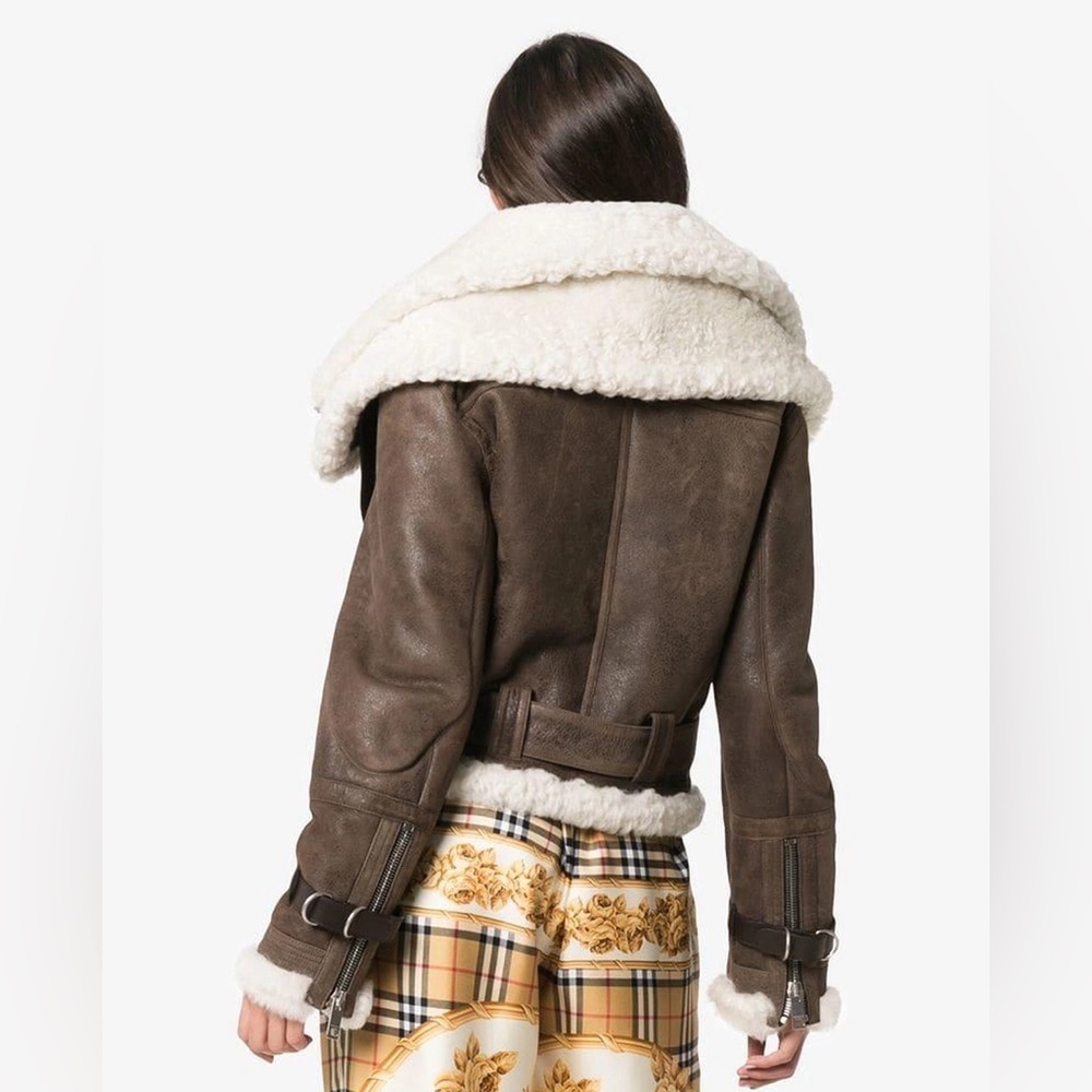 Brown Shearling-Lined Aviator Jacket with Cream Collar - Picture 7 of 13
